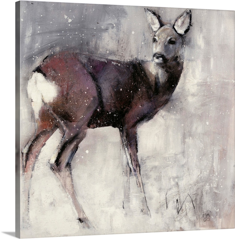 Contemporary wildlife painting of a female deer in the winter.