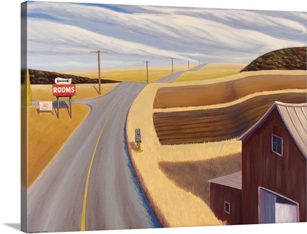 Contemporary painting of a barn and a motel sign along the side of a country road.