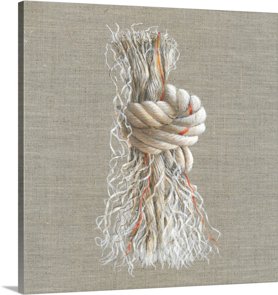 Contemporary painting of a weathered and torn rope with a knot in it.