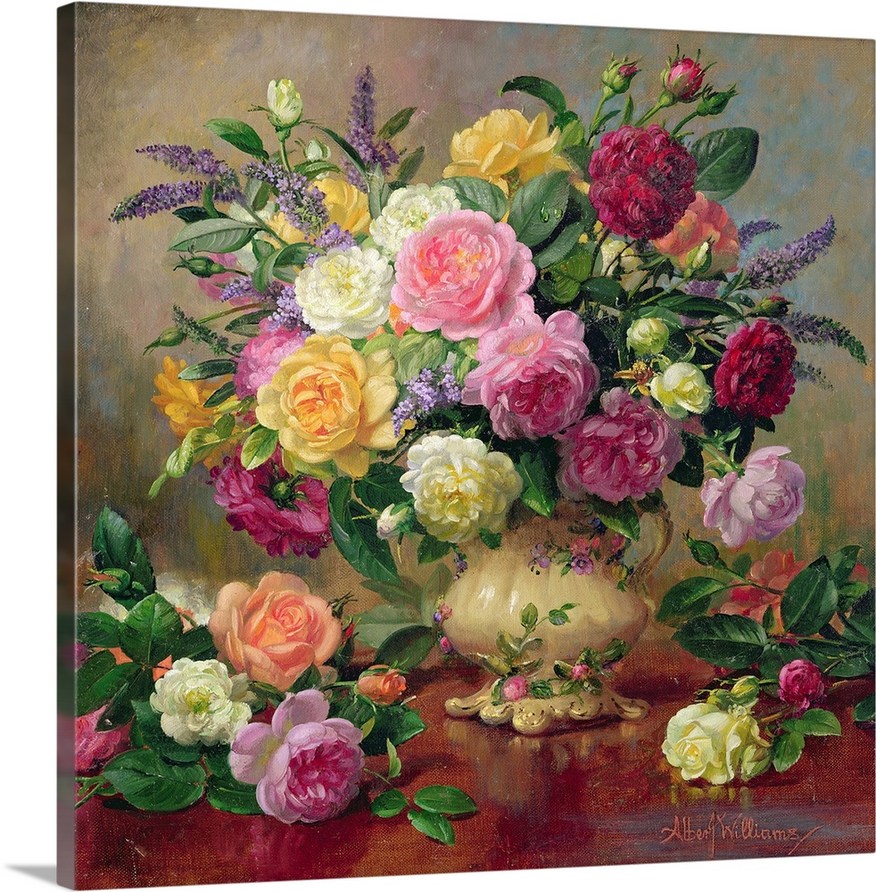 Huge floral painting shows an arrangement of various colorful roses from a garden sitting in a vase and spread out on a ta...
