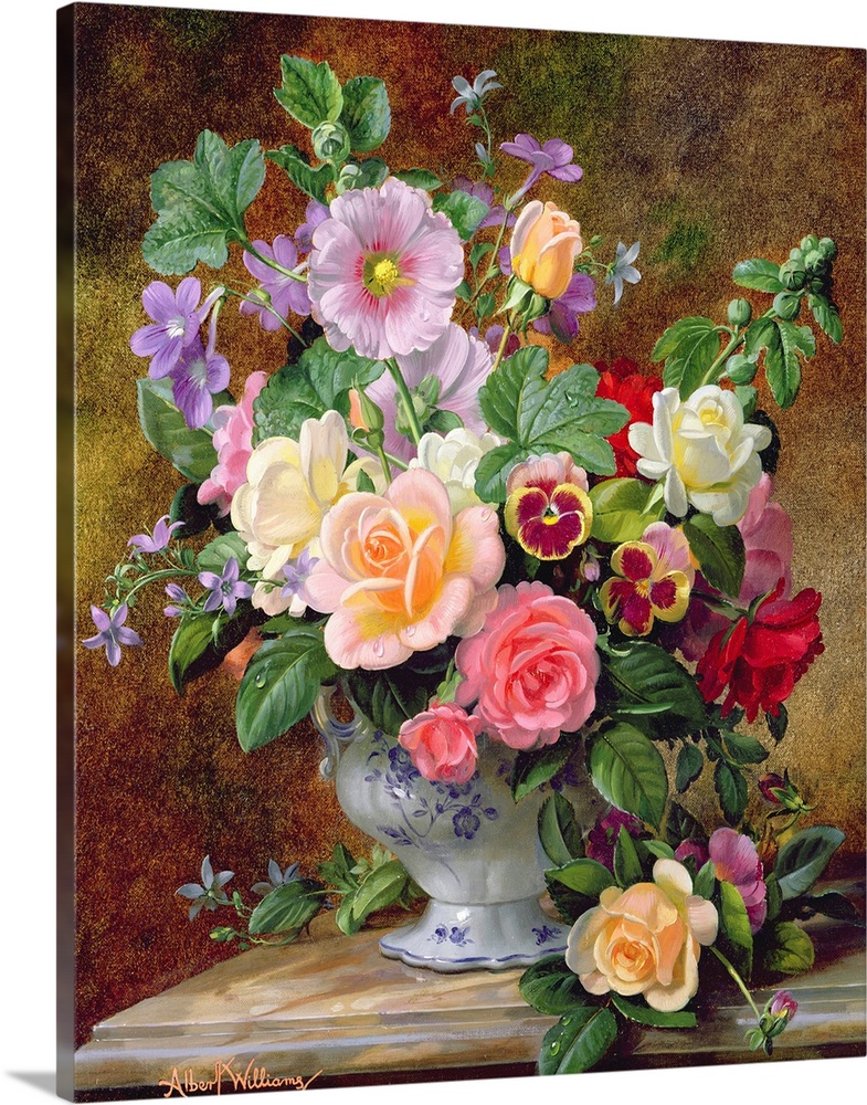 Roses, pansies and other flowers in a vase Solid-Faced Canvas Print