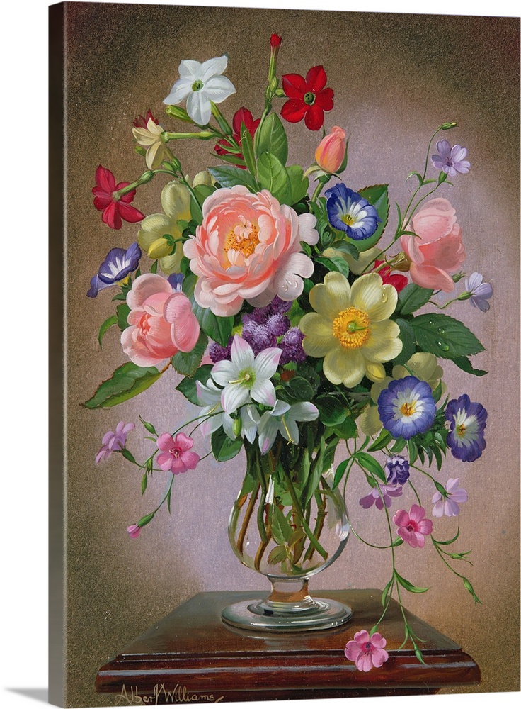 Roses, Peonies and Freesias in a glass vase