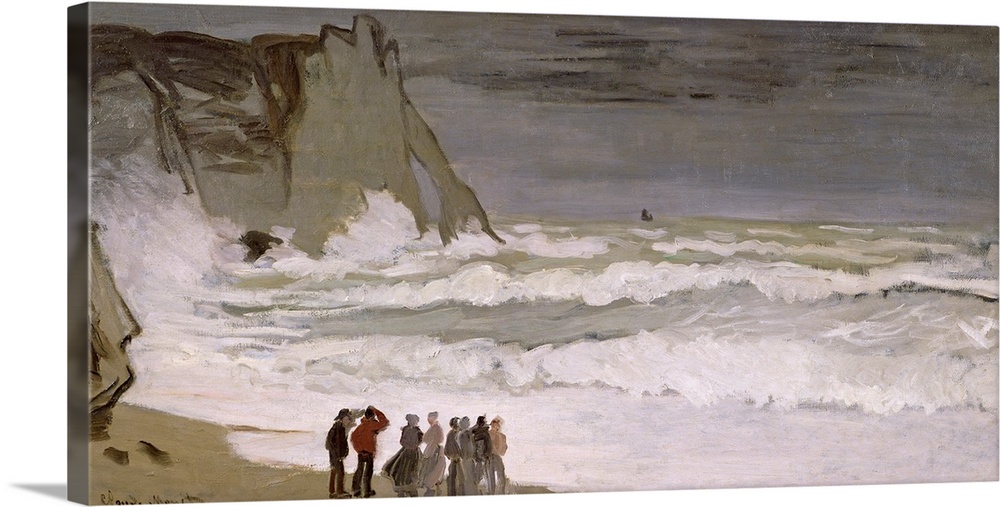 Painting of people standing at water's edge and watching the waves comes crashing in.