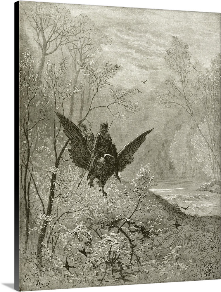 Ruggiero on the Hippogriff. (Originally an engraving.) By Dore, Gustave (1832-83).