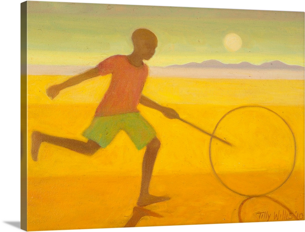 Contemporary artwork of a boy running on the beach with a hoop and stick.