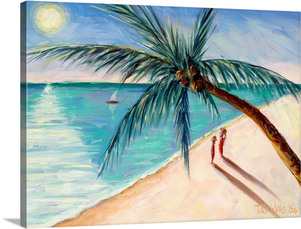 Contemporary painting of a tropical beach scene with figures and sail boat watching the sun setting.