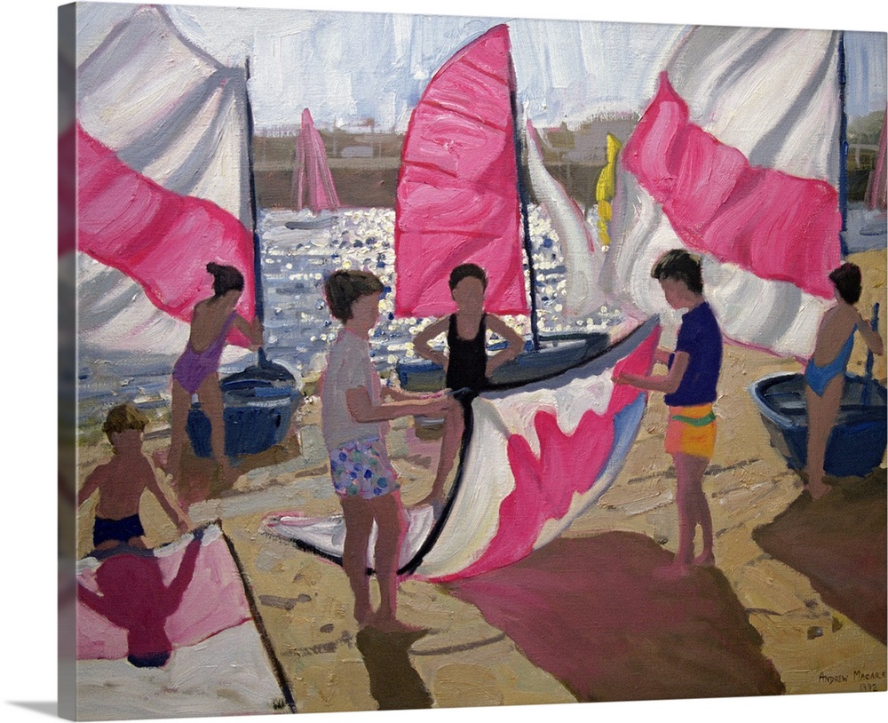 This piece of classic artwork shows several children on the beach as they attach their sails to their boats.