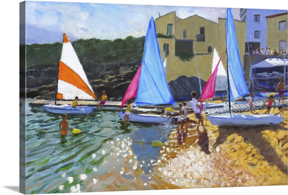 Contemporary painting of a coastal town with colorful sailboats on the shore.