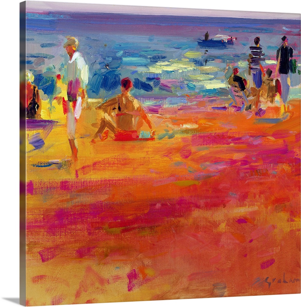 Square painting on a big wall hanging of a warm, sandy beach with a crowd of people near the waters edge, and a small boat...