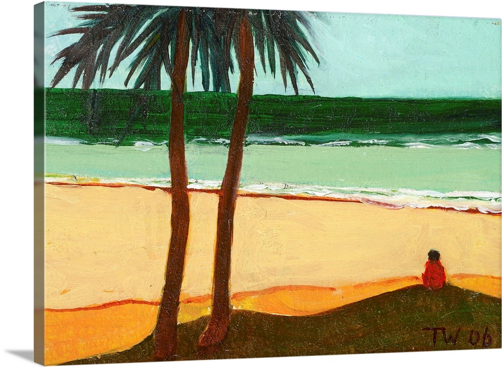 Contemporary painting of a figure on a beach by the coast next to two palm trees.