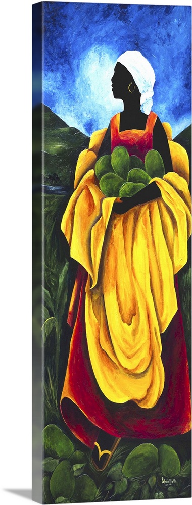 Contemporary painting of a woman collecting avocados.