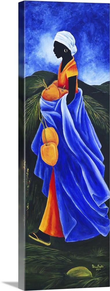 Contemporary painting of a woman collecting coconut.