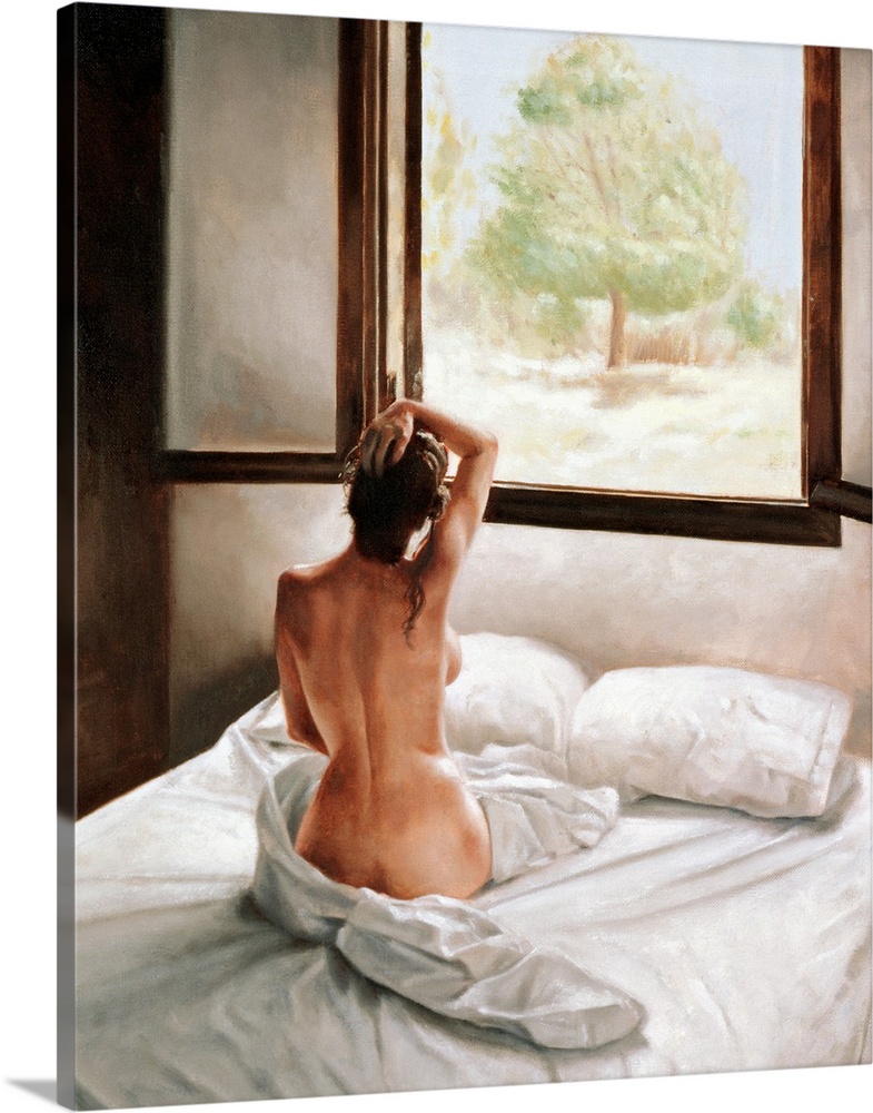 An oil painting of a nude woman sitting up in bed with only a view of her back looking out a large window at a tree in the...