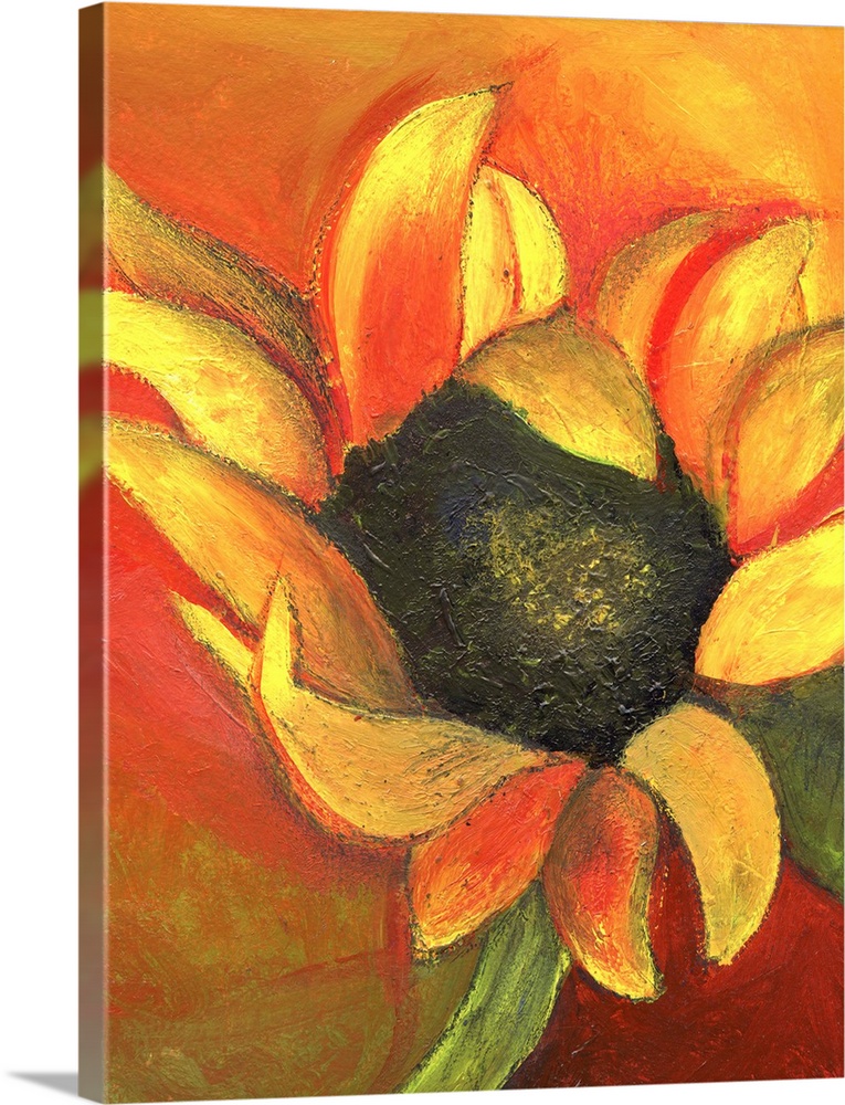 Contemporary artwork of a sunflower with ruffled petals.
