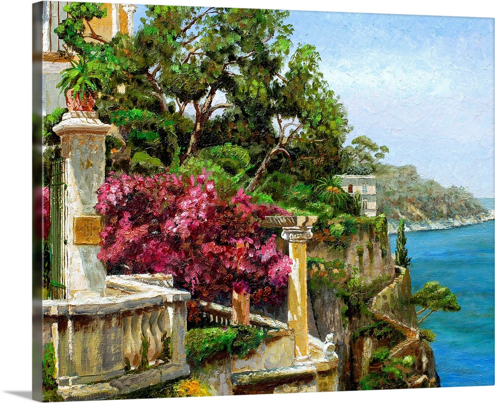 This horizontal wall art is a landscape painting with attention to light and details in this timeless Mediterranean costal...