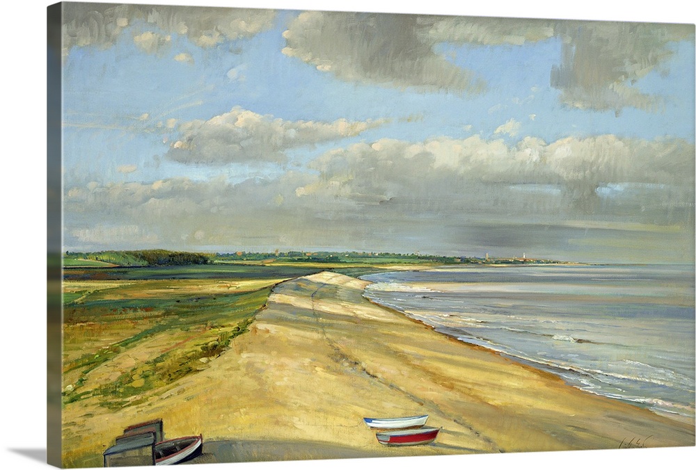 Landscape painting on a large wall hanging of the coastline looking towards Southwold, Suffolk, East Anglia, in the United...