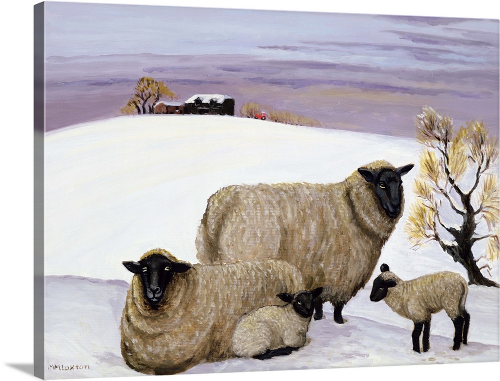 Contemporary painting of two sheep and their lambs in the snow.