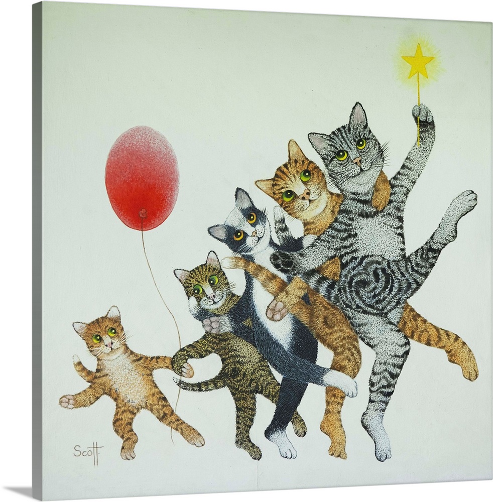 Illustration of five cats dancing in a line, with a red balloon.
