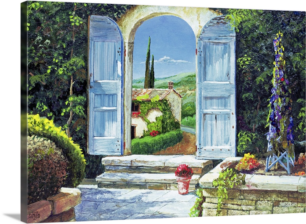 A large contemporary artwork piece of a garden with the doors opened where a view of a house and hills can be seen.
