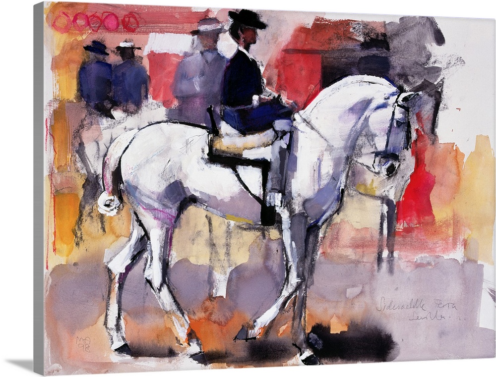 Contemporary artwork of a woman riding on a white horse with more people in the background and blocks of color surrounding...