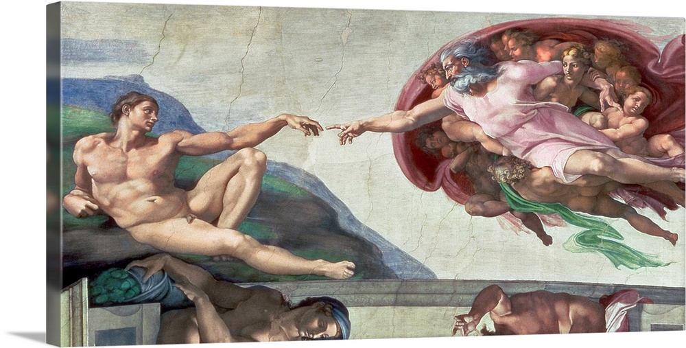 Landscape artwork on a large canvas of The Creation of Adam from the Sistine Chapel Ceiling.  God reaching toward Adam as ...