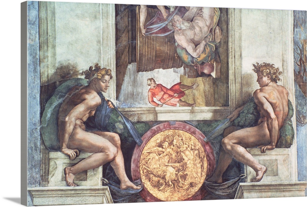 BAL57570 Sistine Chapel Ceiling: Ignudi (pre restoration)  by Buonarroti, Michelangelo (1475-1564); fresco; Vatican Museum...
