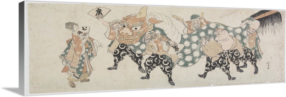 Six Male Gods Performing the Lion Dance, 1797-1819, colour woodblock print.  By Katsushika Hokusai (1760-1849).