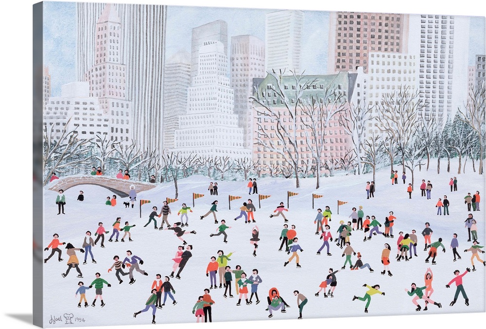 Contemporary painting of several people ice skating in the winter in New York City.