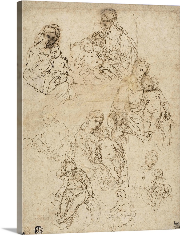 Sketches of the Virgin and Child, and the Holy Family, 1642-48, pen and brown ink on buff laid paper, laid down on cream b...