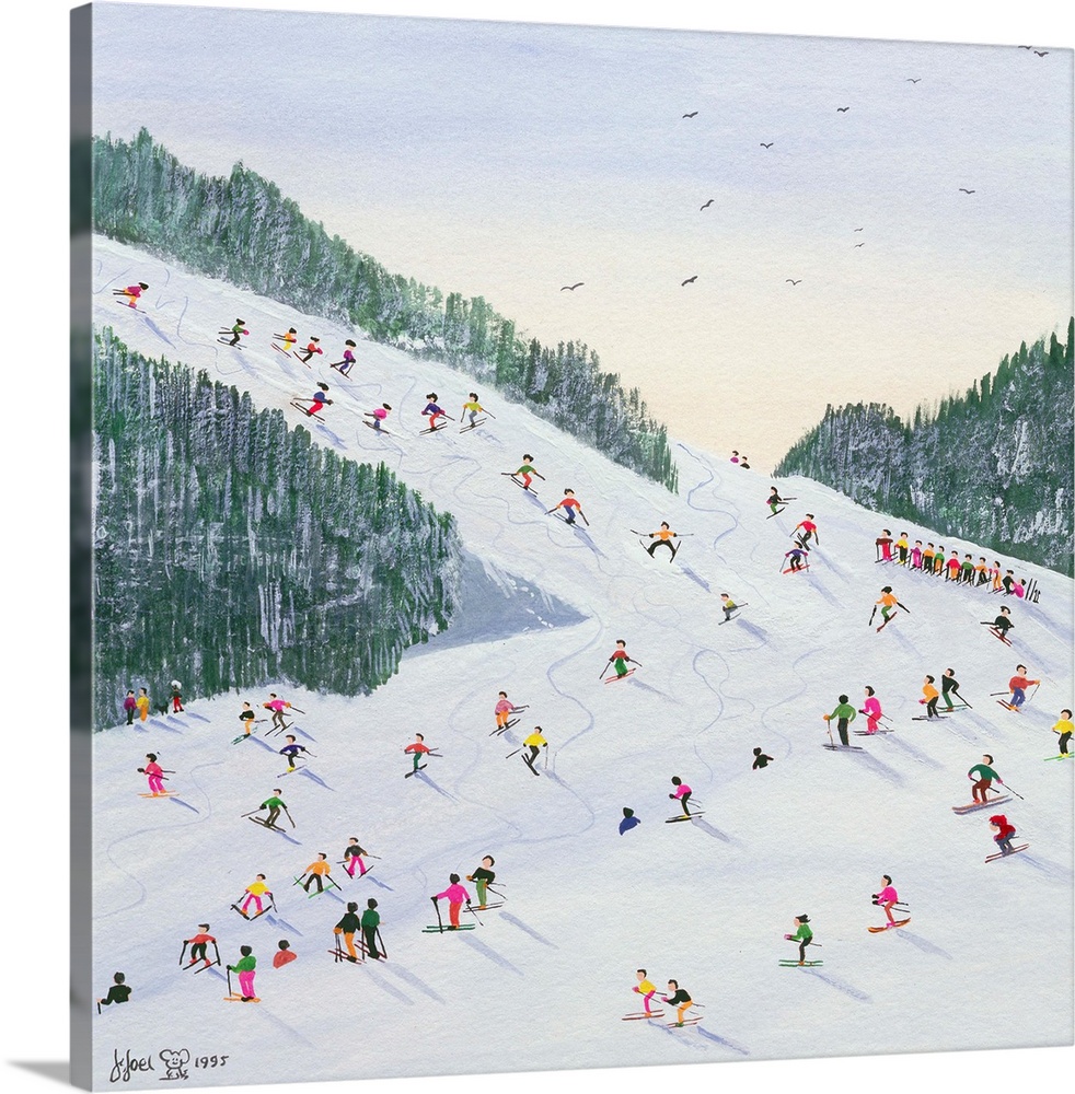 Contemporary painting of several people skiing on a hill in the late afternoon.