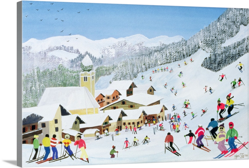 Contemporary painting of people skiing at a mountain resort.
