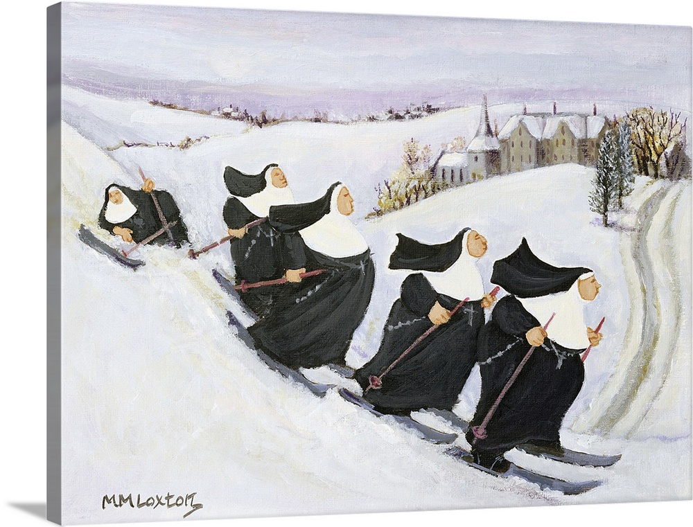 Whimsical painting of five nuns on skis.