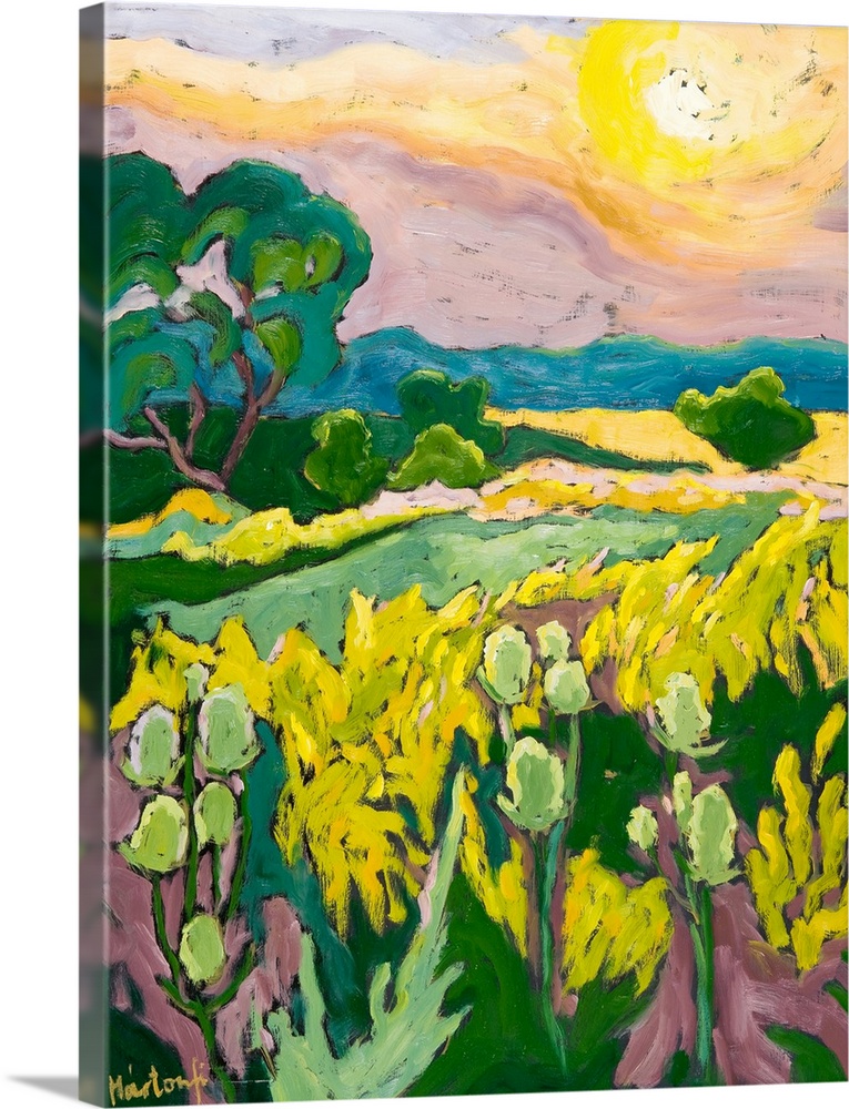 This vertical landscape painting captures and meadow of wildflowers at sunset with big areas of color created with thickly...