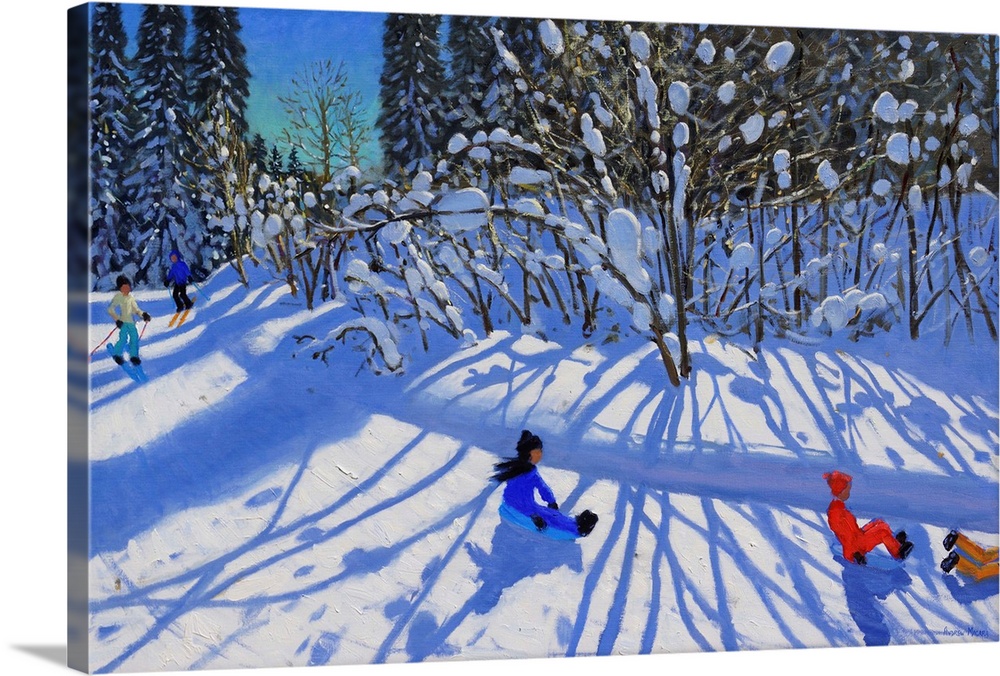 Sledging and skiing down the trail, Morzine, oil on canvas.  By Andrew Macara.