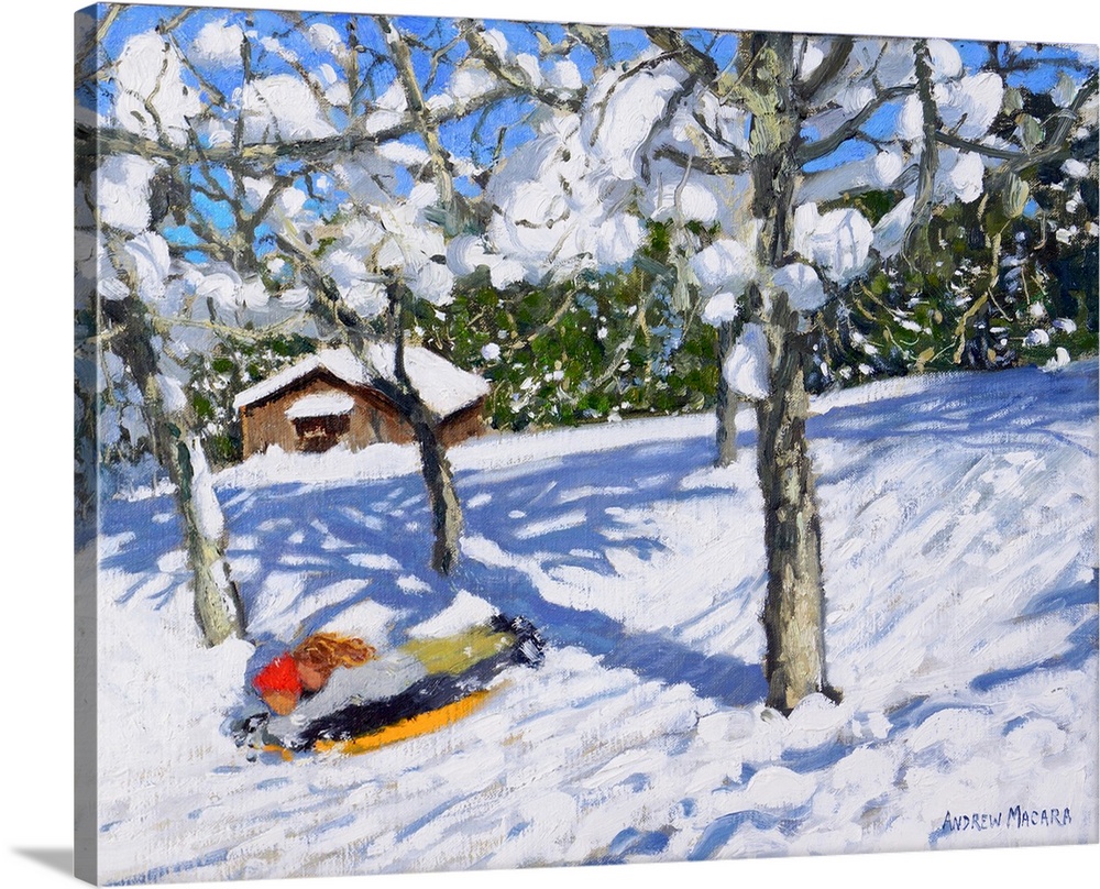 Sledging in the orchard, Morzine, 2018, (originally oil on canvas) by Macara, Andrew