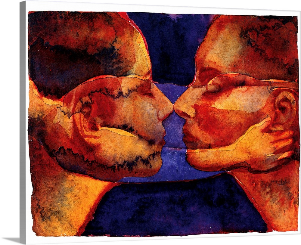 Contemporary watercolor painting of two deep orange toned faces coming close together to kiss.
