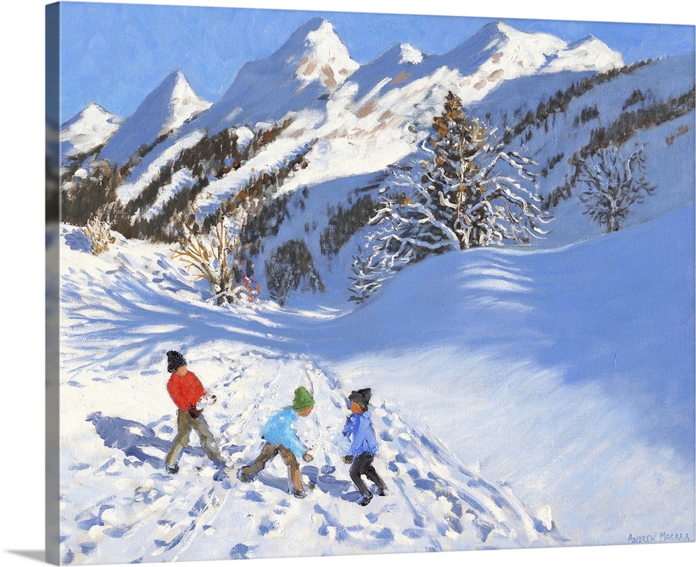 Snowballing, La Clusaz, France, originally oil on canvas.