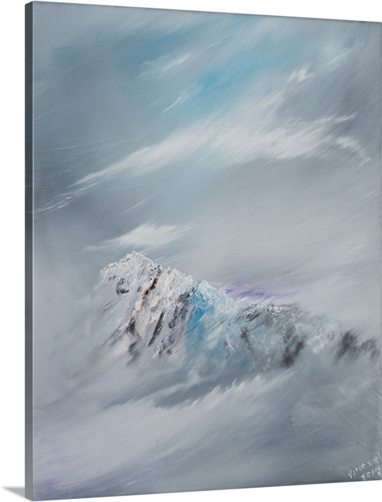 Contemporary painting of a mountain peak shrouded in snow and clouds.