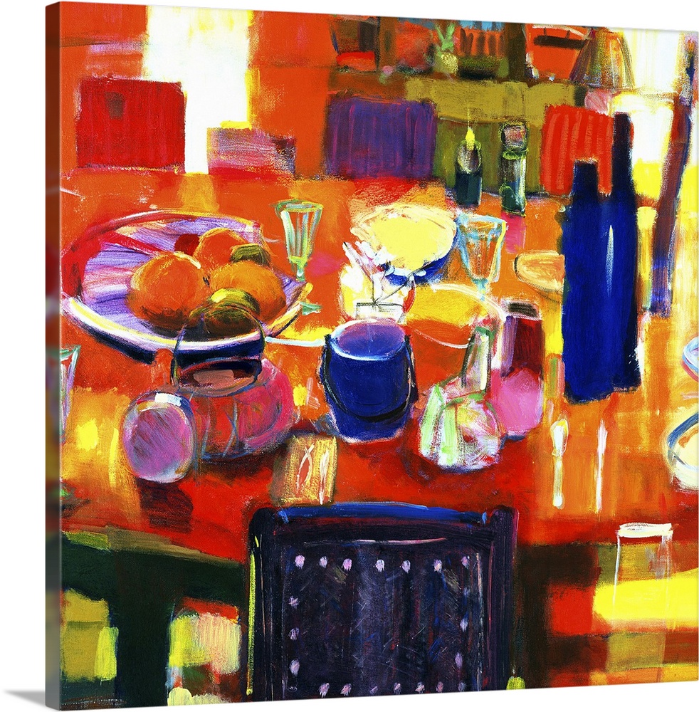 Acrylic painting of items on a dinner table surrounded by chairs.  Some of the items include, a blow of fruit, cups, plate...