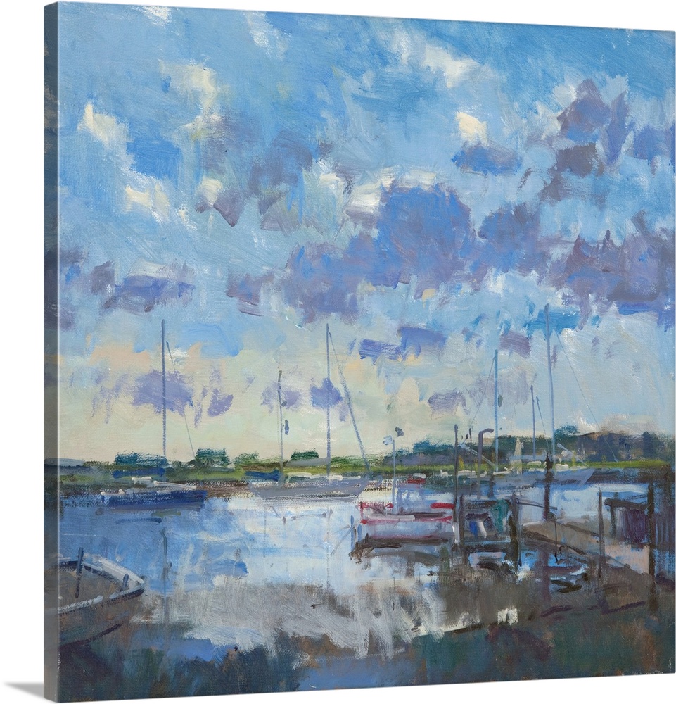 Contemporary painting of boats in a harbor at dusk.