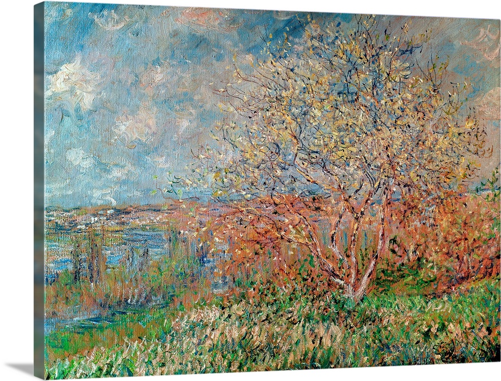 An Impressionist landscape painting of a small tree growing on a hill overlooking a valley.