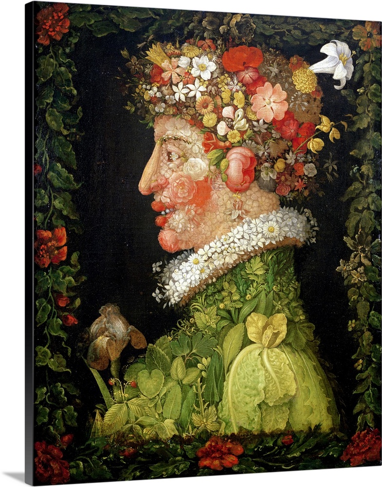 Contemporary abstract painting of the profile of a person made out of flowers and leaves.