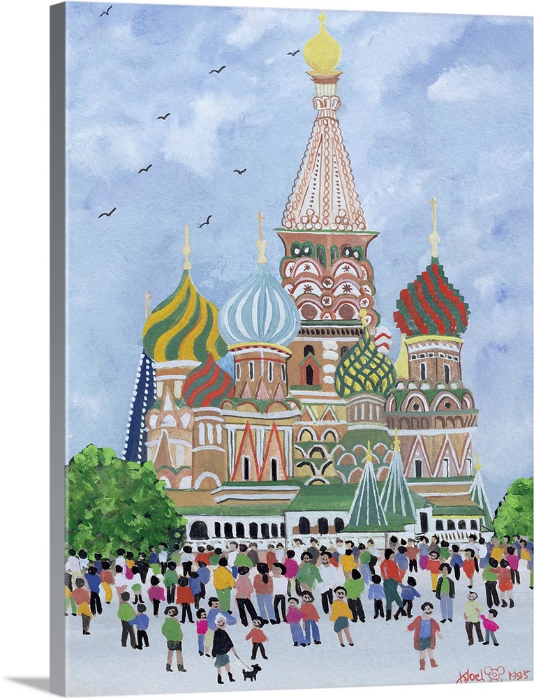 Contemporary painting of a crowd in front of St. Basil's Cathedral in Russia.