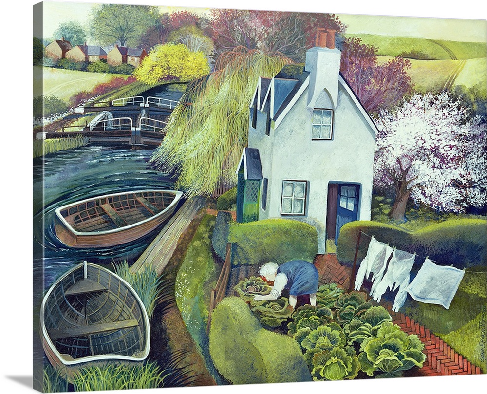 Contemporary painting of a house on the river with boats docked.
