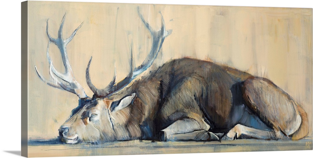 Contemporary artwork of a stag against an earthy background.