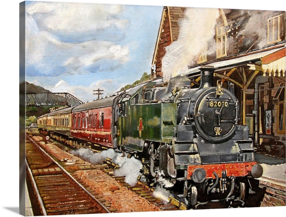 Oil painting on canvas of a steam train pulling up to a train station.