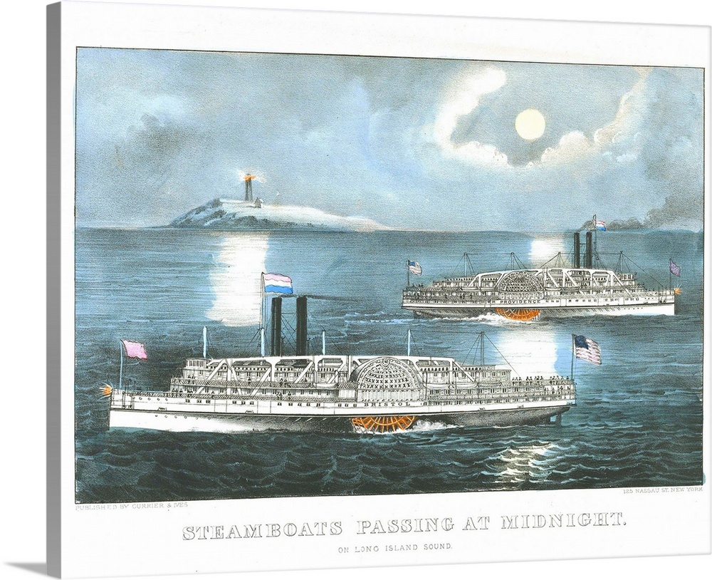 Steamboats Passing at Midnight On Long Island Sound, 1872-74 (originally hand-coloured lithograph) by Currier, N. (1813-88...