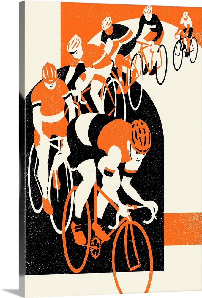 Contemporary illustration of cyclists riding in a muted color scheme.