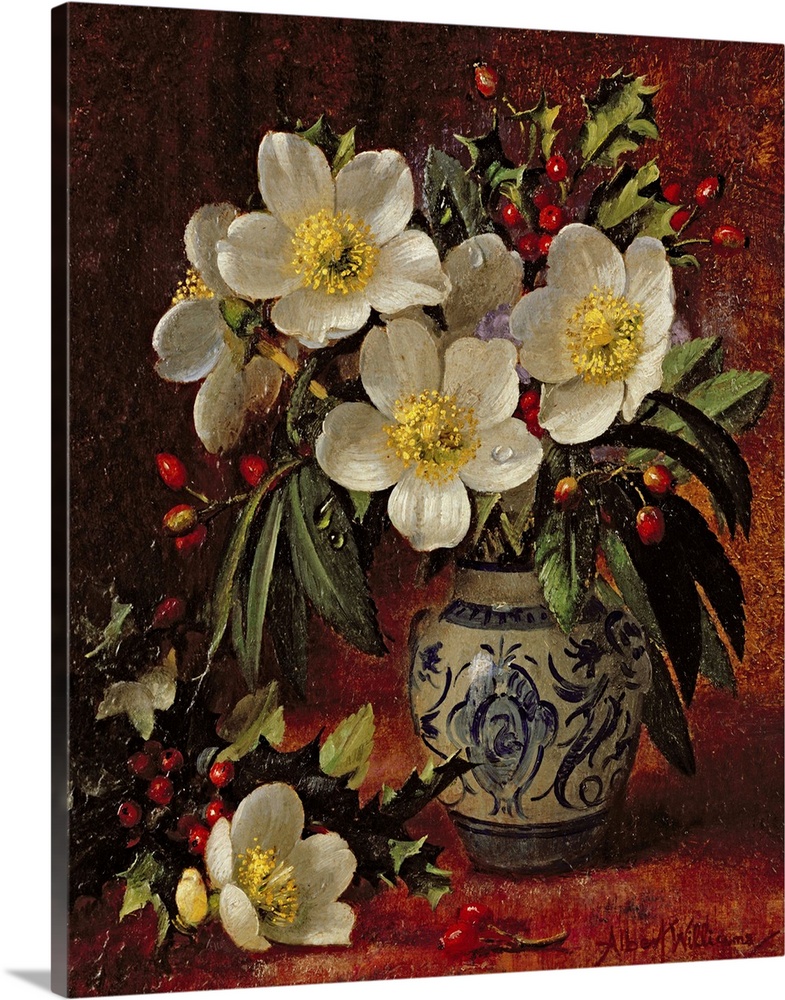 Still Life of Christmas Roses and Holly