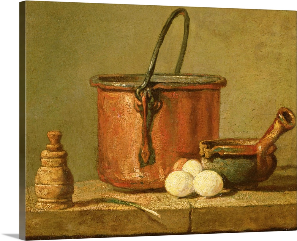 XIR104622 Still Life of Cooking Utensils, Cauldron, Frying Pan and Eggs (oil on canvas)  by Chardin, Jean-Baptiste Simeon ...